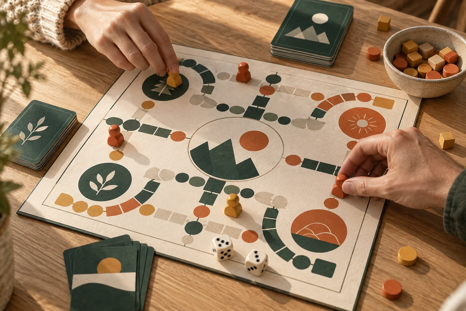 Una mesa de juegos con dados, fichas de madera y amigos moviendo sus piezas